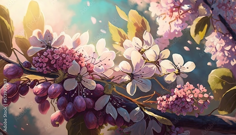  a painting of a bunch of flowers on a tree branch.  generative ai