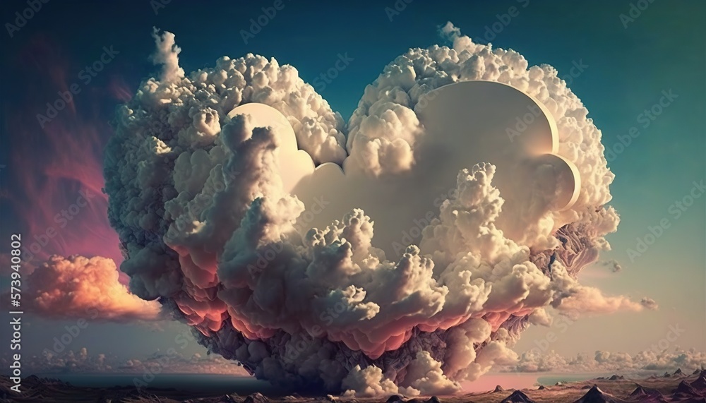  a heart - shaped cloud is floating in the sky above a desert landscape.  generative ai