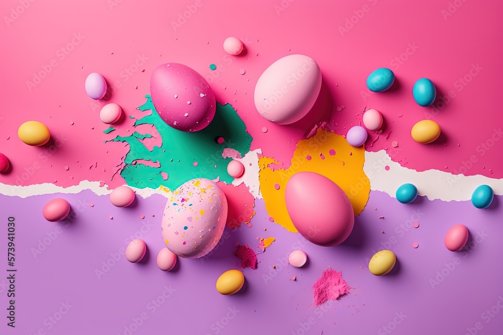  a pink and yellow background with different colored eggs and sprinkles.  generative ai