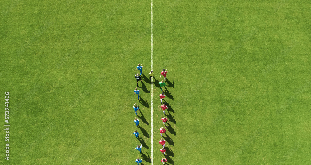 Aerial Top View Shot of Soccer Championship Match Beginning.Two Professional Football Teams Enter St