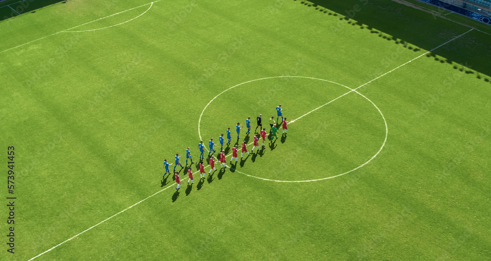 Aerial Top View Shot of Soccer Championship Match Beginning: Two Professional Football Teams Enter S