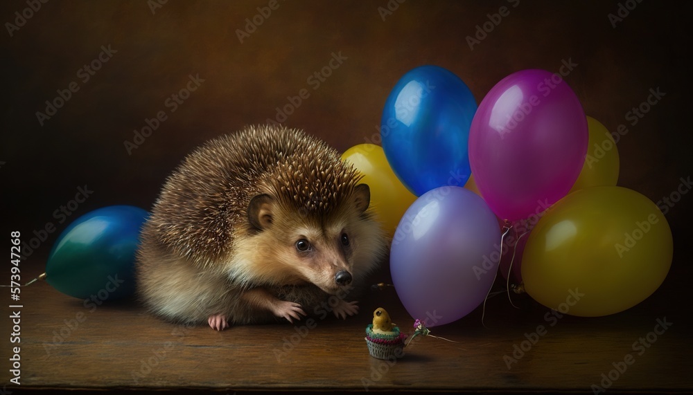  a hedgehog sitting next to a bunch of balloons and a cupcake.  generative ai