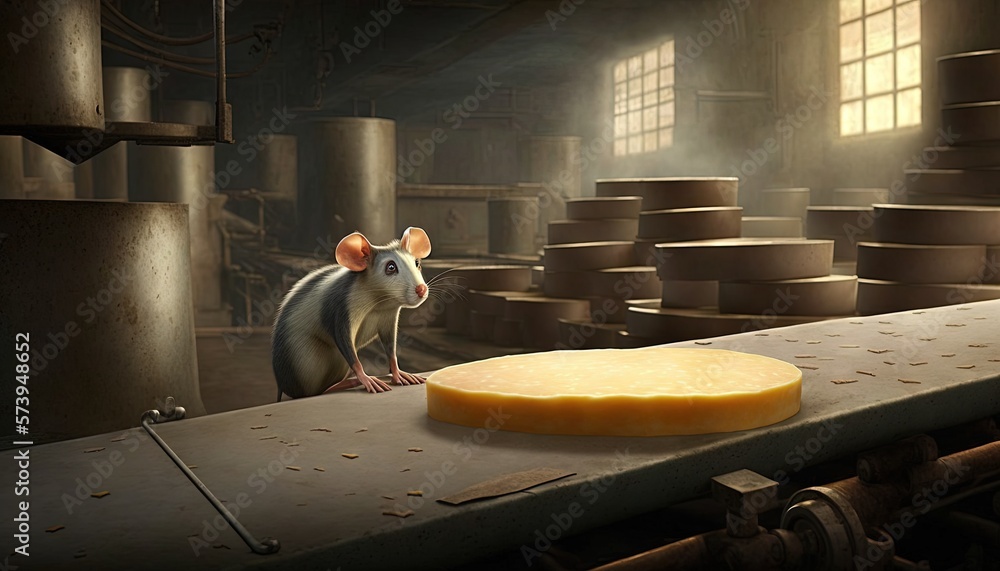  a mouse standing on a piece of cheese on a conveyor belt.  generative ai