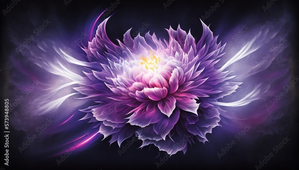  a purple flower with white wings on a black background with a dark background.  generative ai