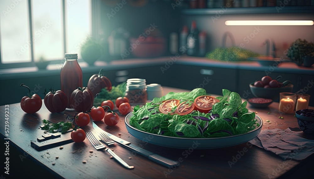  a plate of lettuce and tomatoes on a table.  generative ai
