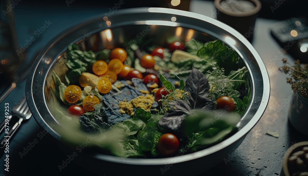  a bowl filled with lots of different types of vegetables on top of a table.  generative ai