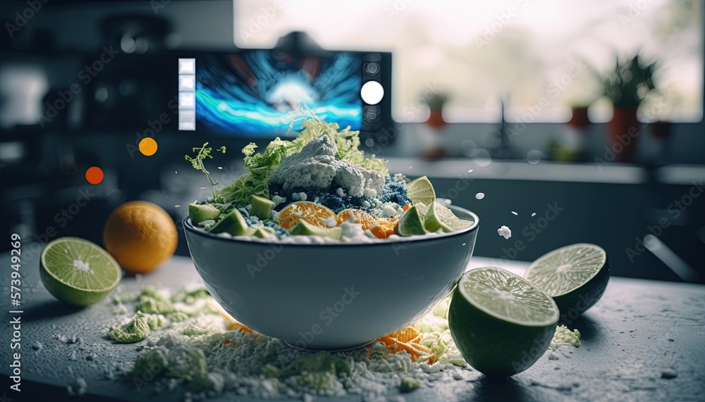  a white bowl filled with lots of food next to limes.  generative ai