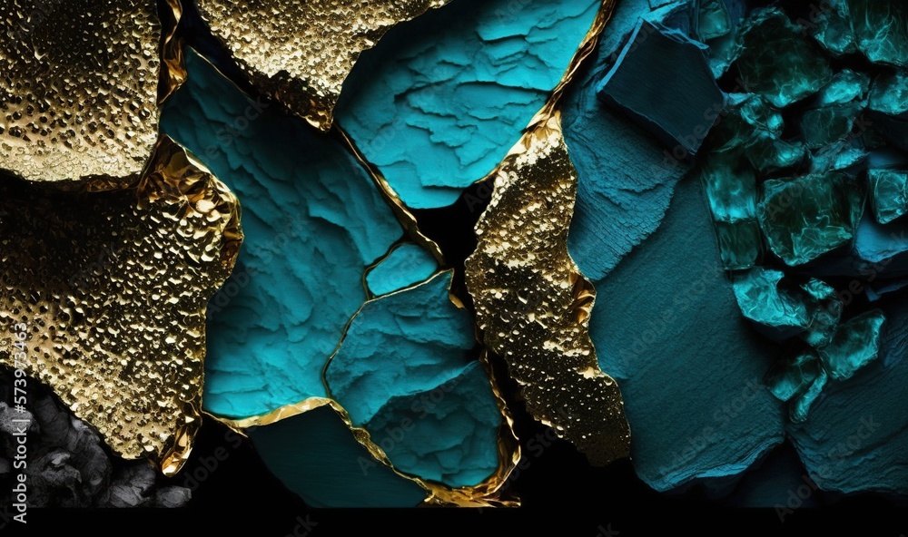  a close up of a blue and gold leaf with a black background.  generative ai