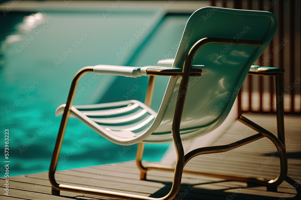  a white chair sitting on top of a wooden deck next to a swimming pool.  generative ai