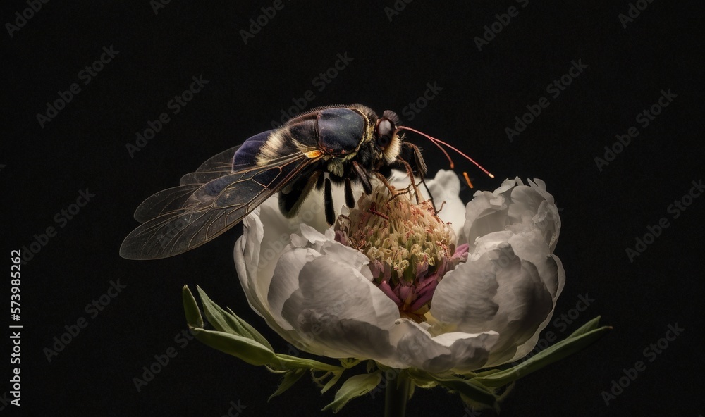  a bee sitting on top of a flower on a black background.  generative ai