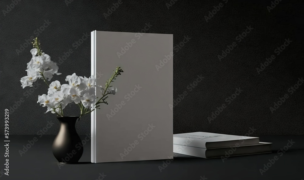  a vase with white flowers and a book on a table.  generative ai