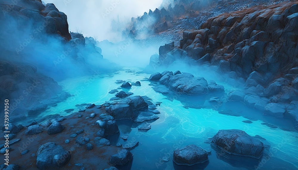  a stream of blue water surrounded by rocks and a mountain range in the distance with fog in the air