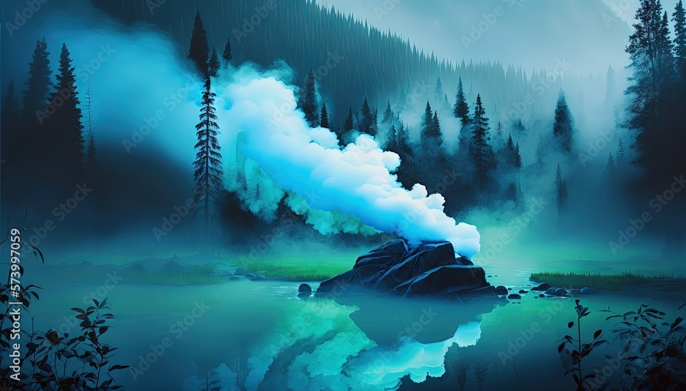  a painting of a smokestack coming out of a lake in a forest with trees and a mountain in the backgr