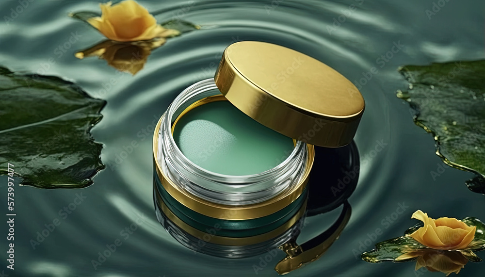  a green container with a gold lid sitting on top of a body of water next to a lily pad and a yellow
