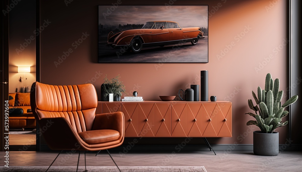  a living room with a chair and a painting of a car on the wall and a cactus in a pot on the floor n