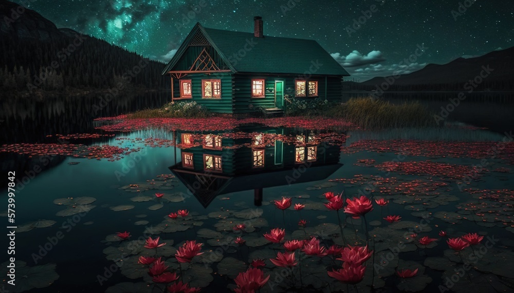  a house on a lake with lily pads in the foreground and a night sky filled with stars and clouds in 