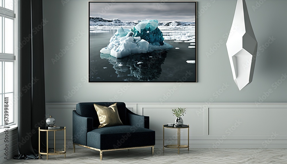  a living room with a chair and a picture of an iceberg hanging on the wall and a table with a vase 