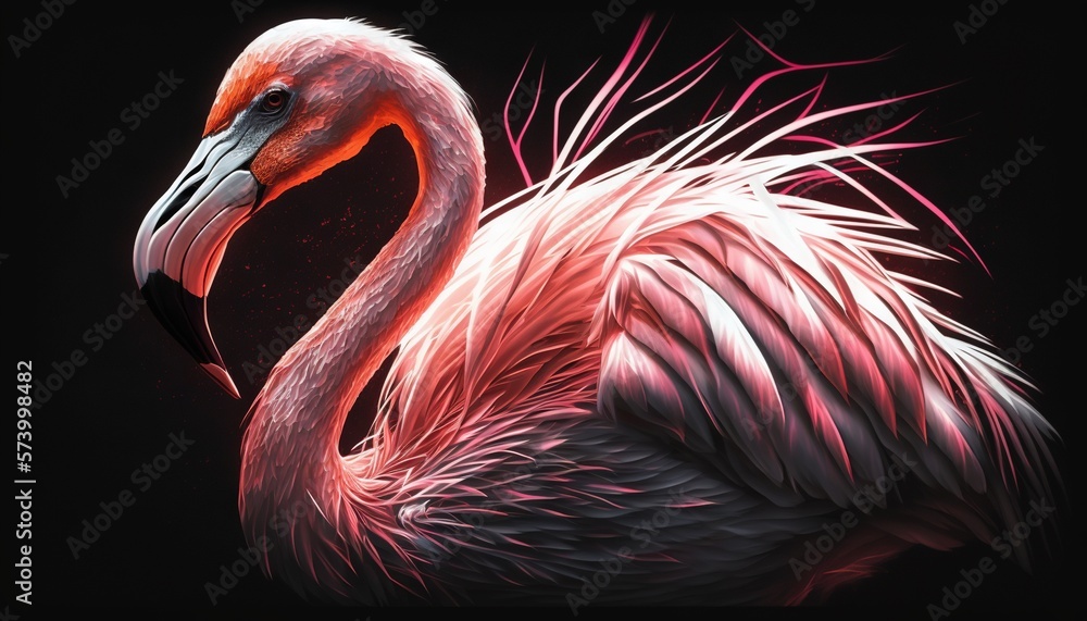  a pink flamingo standing in the dark with its head turned to the side and its neck turned to the si