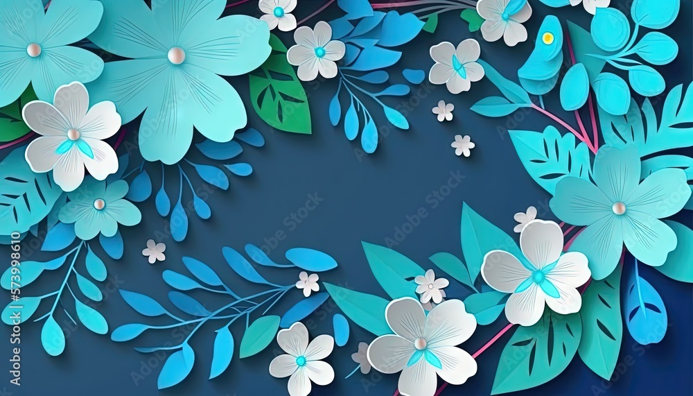  a blue and white flower arrangement on a dark blue background with leaves and flowers in the center
