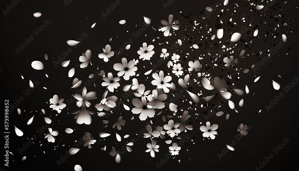  a black and white photo of a bunch of flowers flying in the air with drops of rain on them and peta