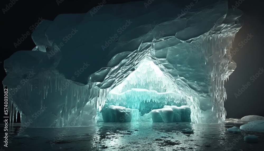  an ice cave with ice chunks and icicles on the walls and water on the floor and ice formations on t