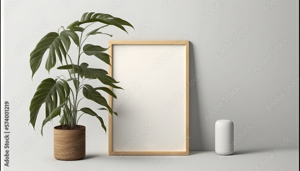  a picture frame next to a potted plant and a white vase with a plant in it on a white surface next 