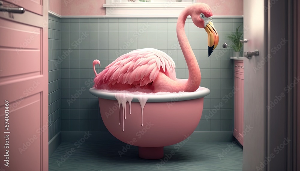  a pink flamingo in a bathtub with a banana in its beak and water dripping from its beak, in a bath