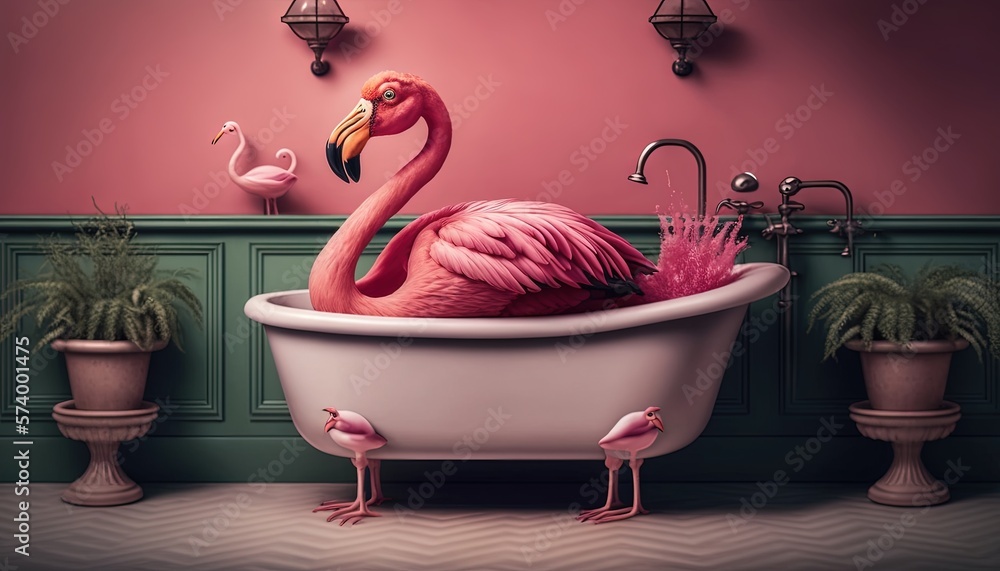  a pink flamingo sitting in a bathtub with three pink flamingos around it and a potted plant in the 