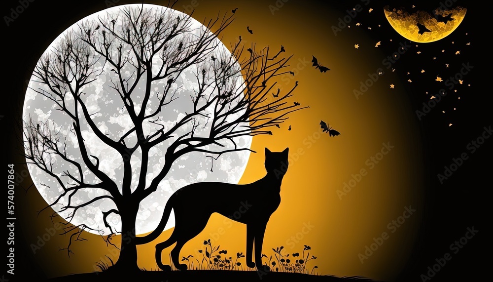  a black cat standing in front of a full moon with bats flying around the tree and a full moon in th