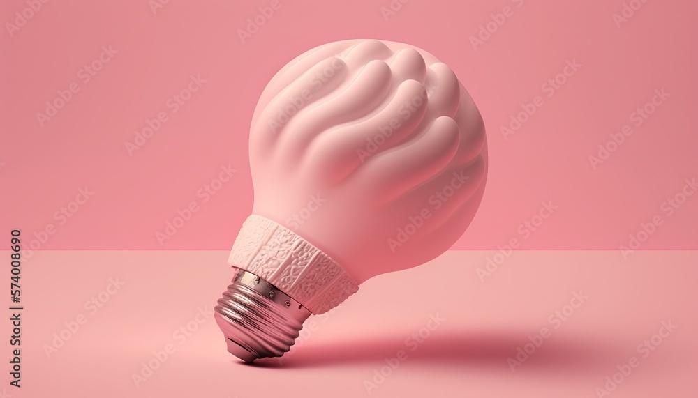  a pink light bulb with a human brain inside of it on a pink background with a shadow of a human hea