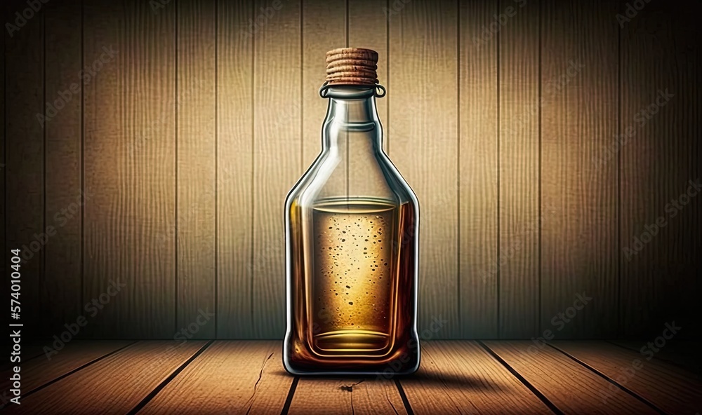  a bottle of oil on a wooden table with a wooden wall in the background.  generative ai