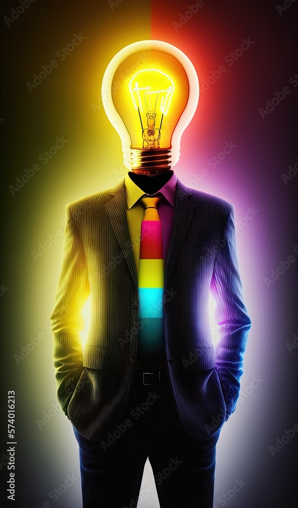 a man in a suit with a light bulb on his head.  generative ai
