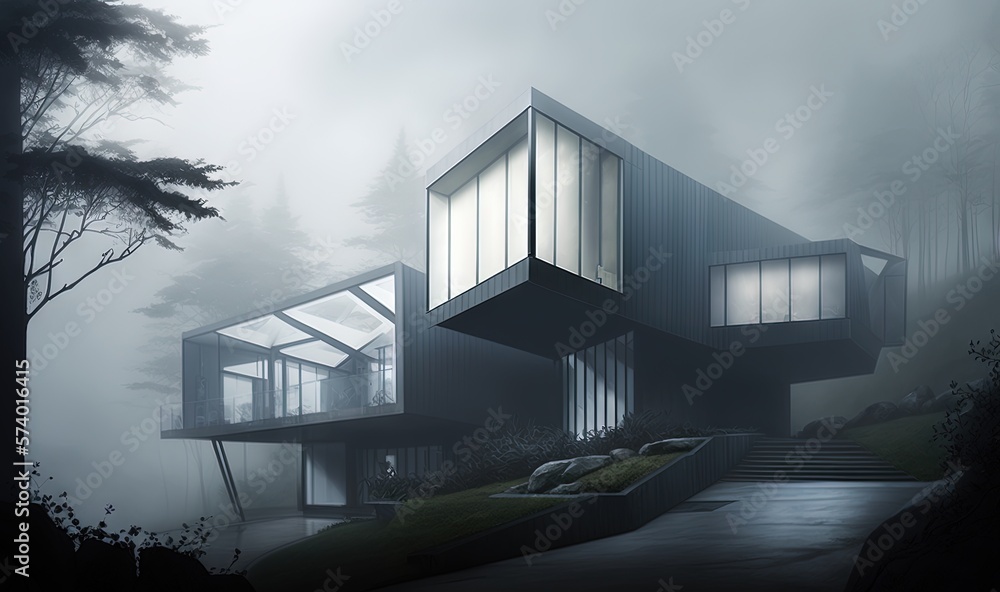  a black and white photo of a house in the fog.  generative ai