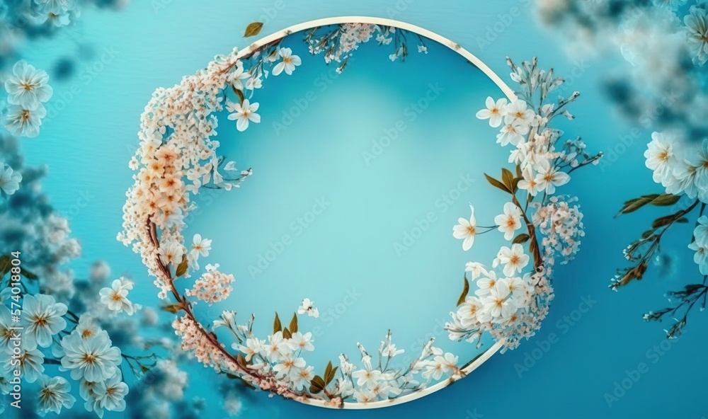  a circular frame with white flowers on a blue background photo.  generative ai