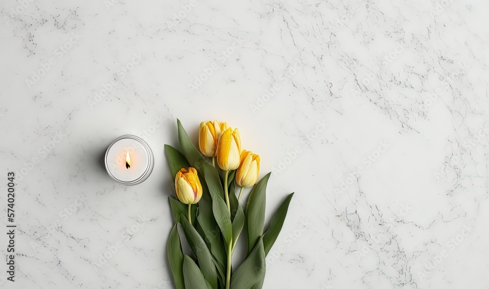  yellow tulips and a candle on a marble surface.  generative ai