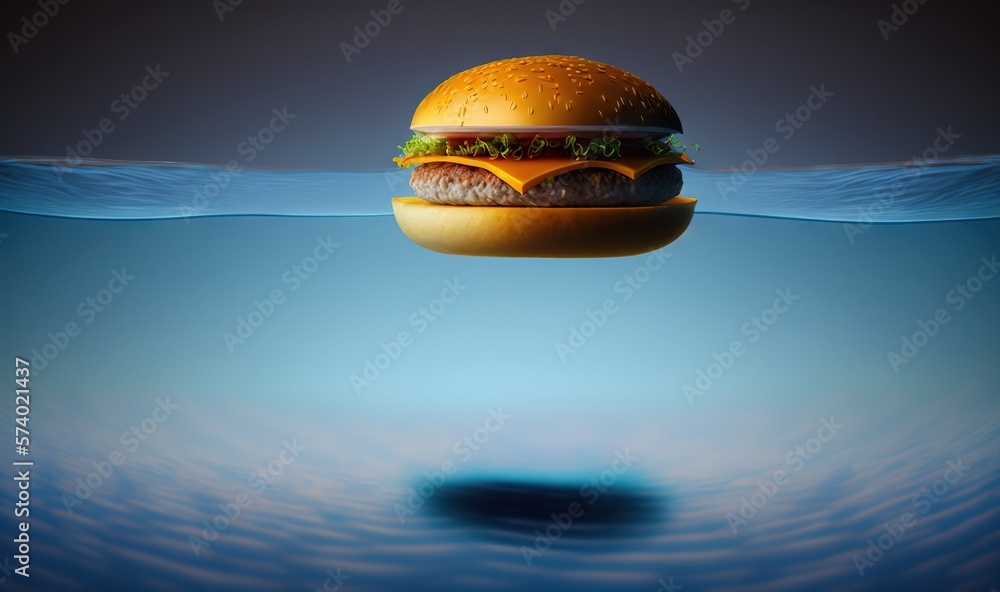  a hamburger floating in the water with a blue sky in the background.  generative ai