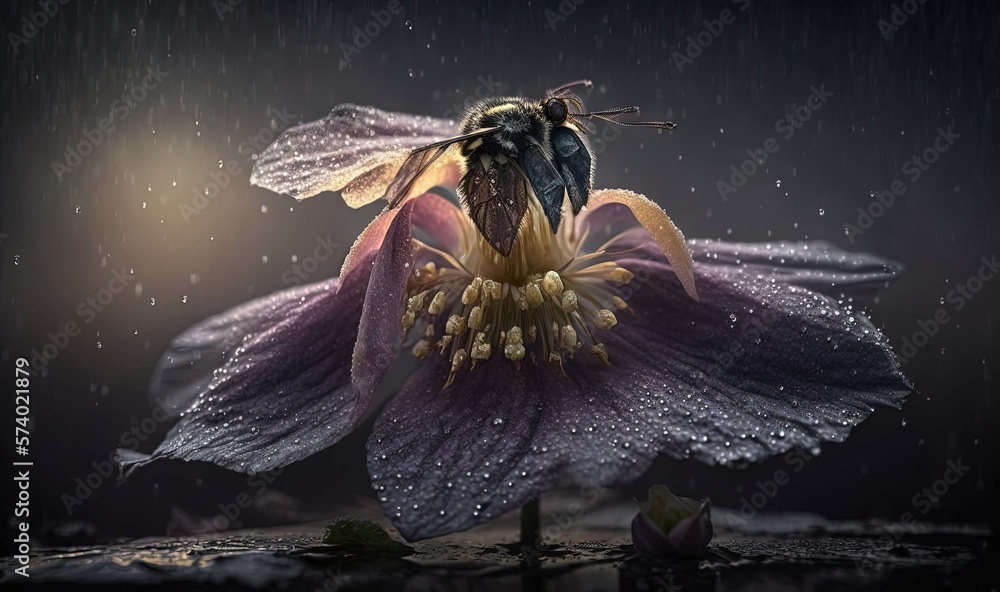  a bee sitting on top of a purple flower in the rain.  generative ai