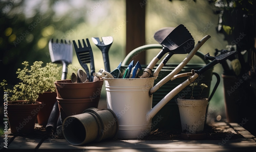  gardening utensils and gardening implements are sitting on a table.  generative ai