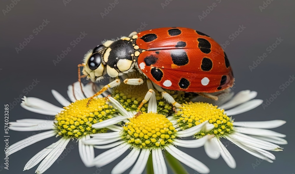  two ladybugs sitting on top of a white flower.  generative ai