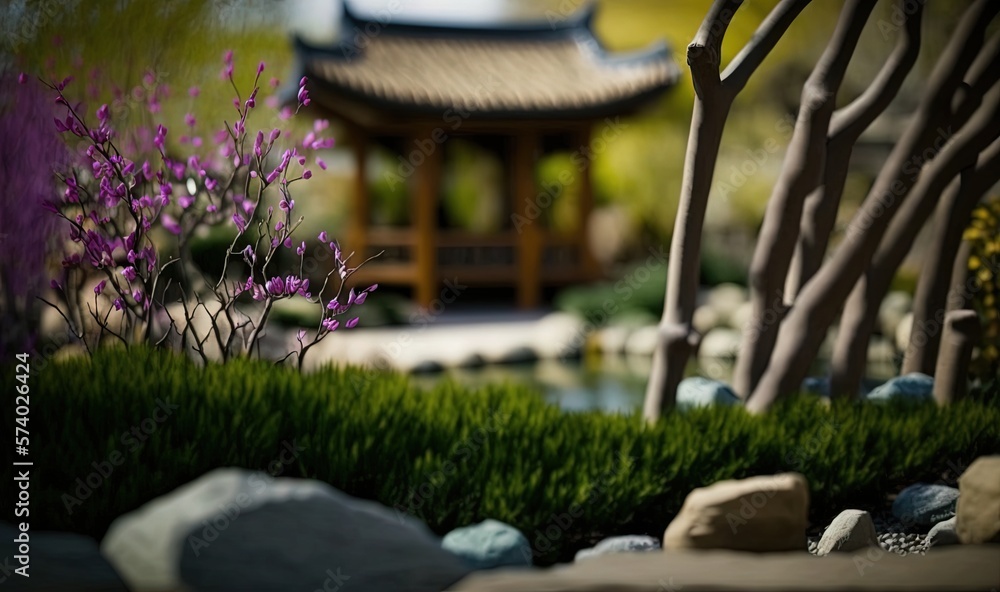  a garden with rocks, grass, and a pagoda in the background.  generative ai