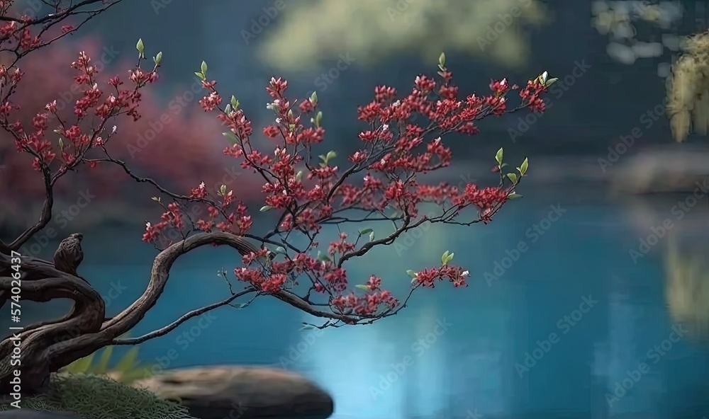  a small tree with red flowers near a body of water.  generative ai