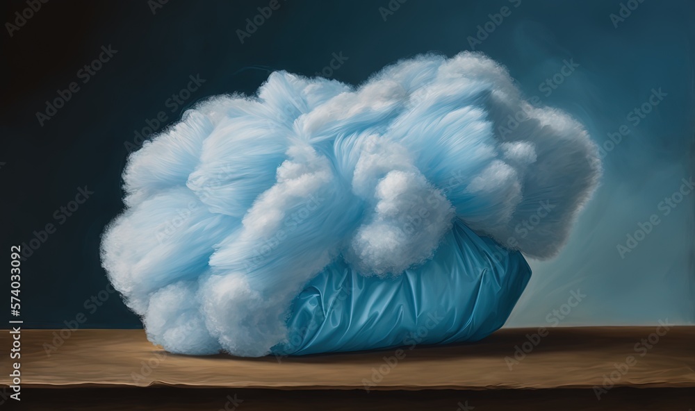  a painting of a blue bag with fluffy white clouds in it on a wooden table top with a blue backgroun