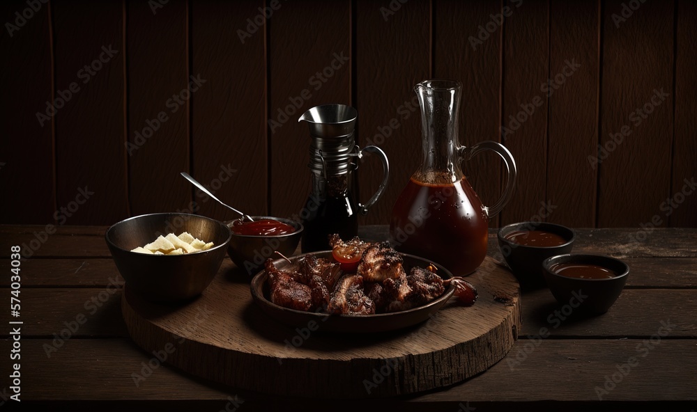  a wooden table topped with a bowl of food and a pitcher of sauce next to a bowl of mashed potatoes 