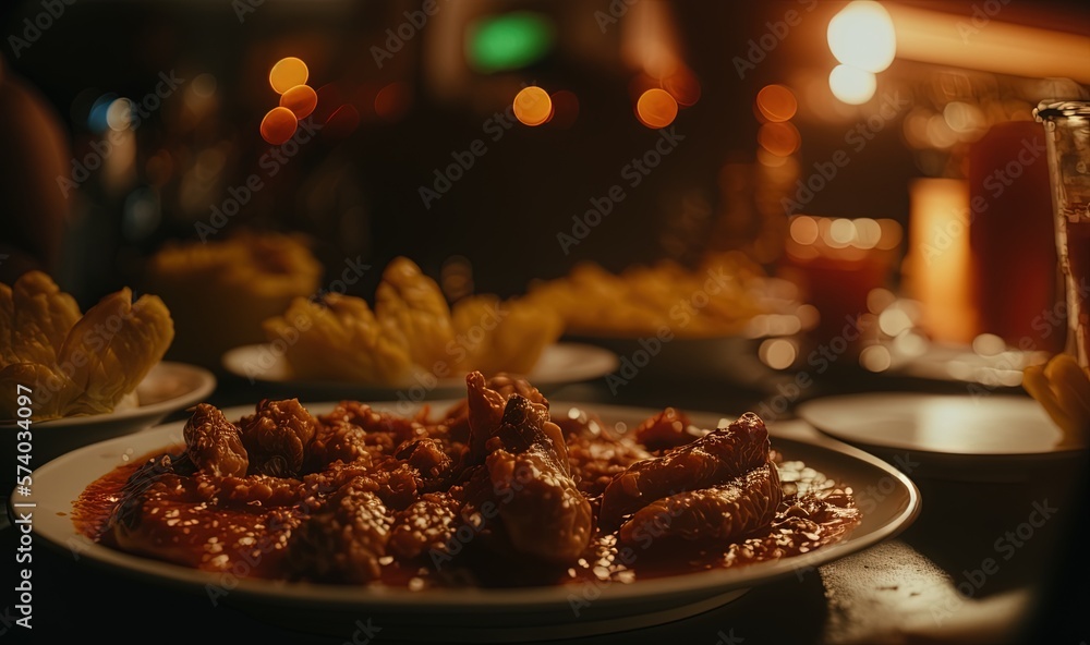  a plate of food with meat and sauce on a table with other plates of food on the table and a drink o
