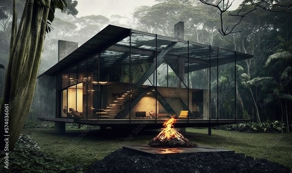  a house in the middle of a forest with a fire pit in the foreground and a fire pit in the middle of