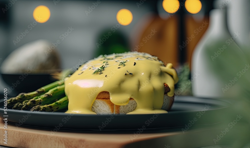  a plate of food with a yellow sauce on top of asparagus and broccoli on a table next to a bottle of