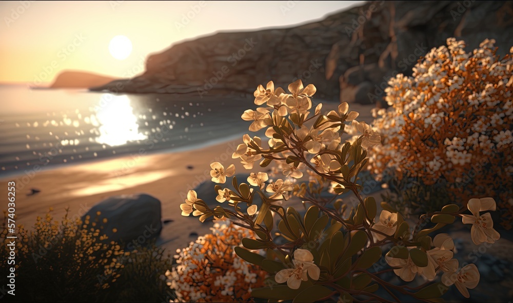  a painting of a beach with flowers and a cliff in the background with the sun setting on the water 