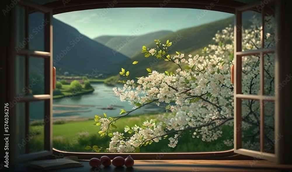  an open window with a view of a valley and a river in the distance, with cherry blossoms on the win