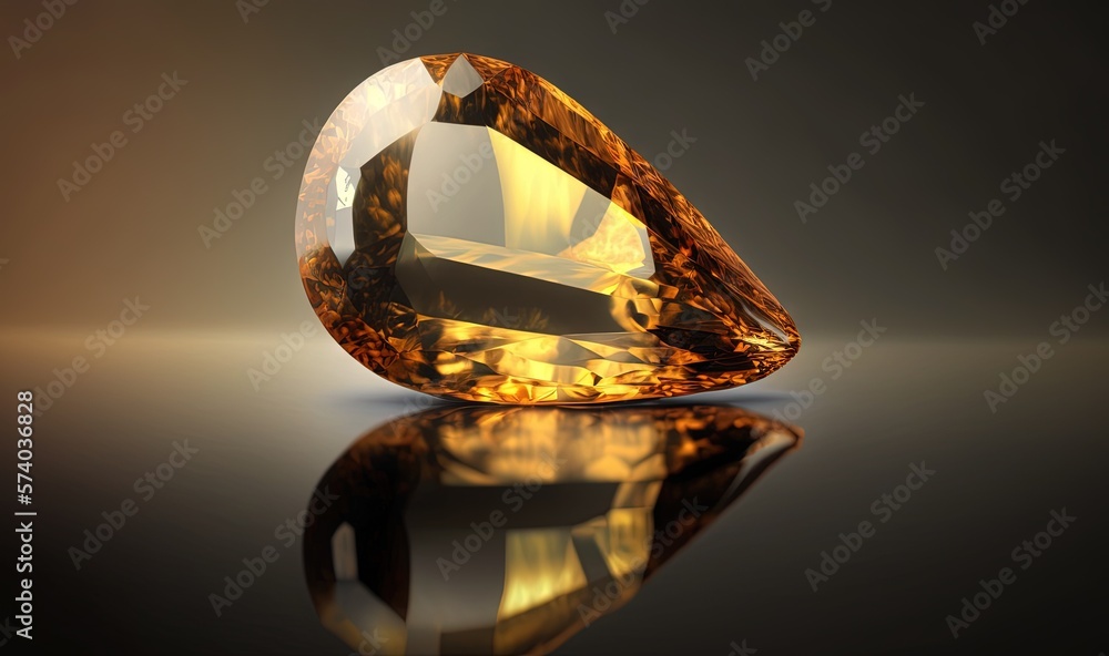  a fancy yellow diamond on a reflective surface with a reflection on the floor and a reflection of t