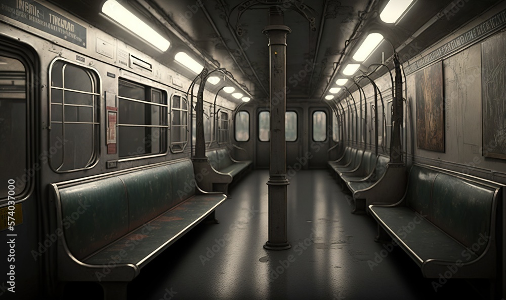  a subway car with lots of seats and lights on the side of the train car is dimly lit by the light c